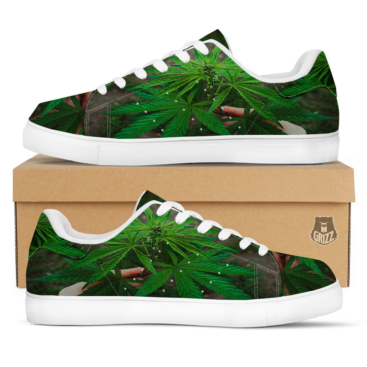 Cannabis Leaf Forest Green Print White Low Top Sneakers-grizzshop