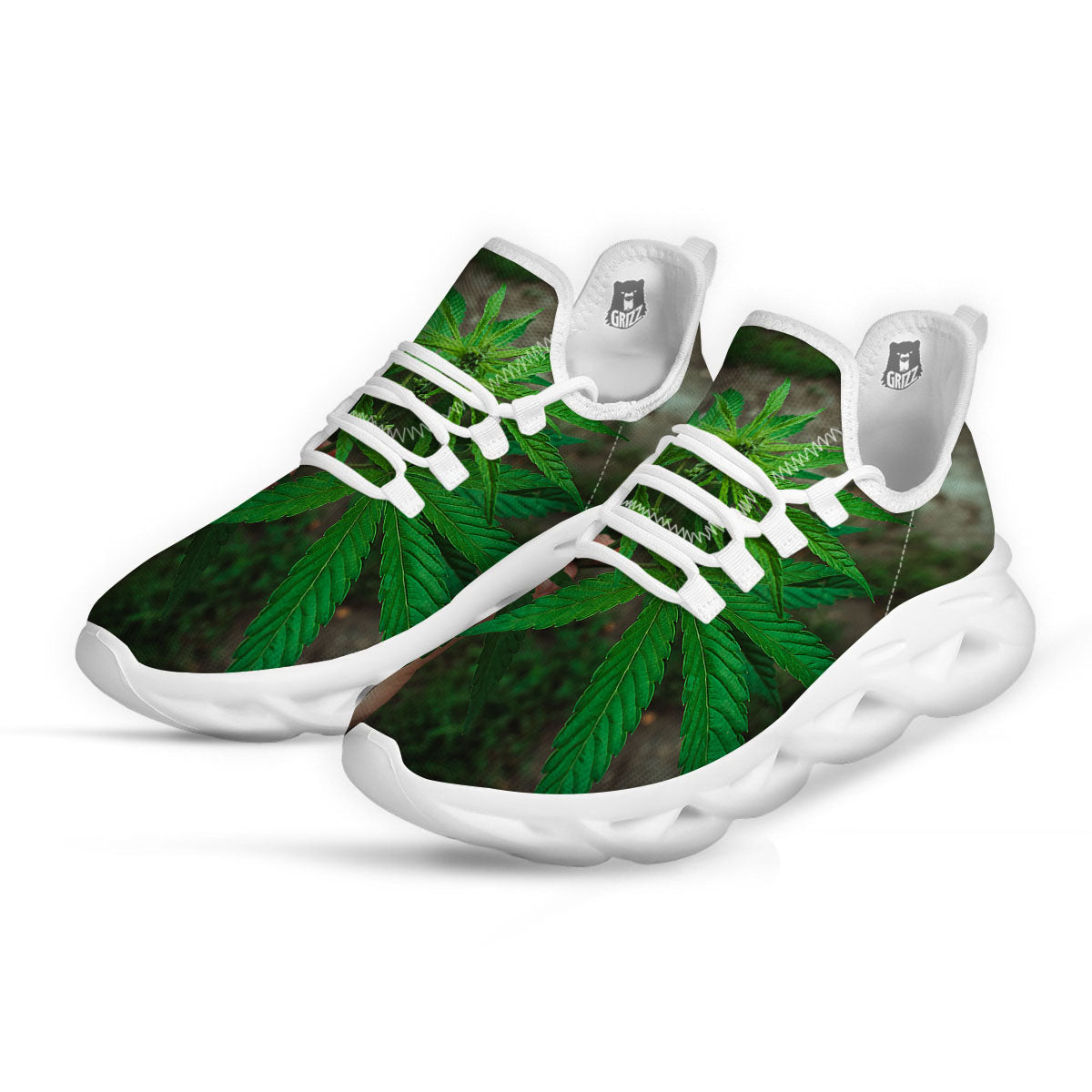 Cannabis Leaf Forest Green Print White Running Shoes-grizzshop