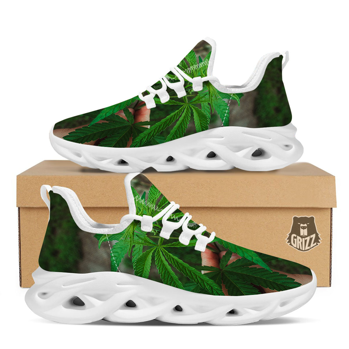 Cannabis Leaf Forest Green Print White Running Shoes-grizzshop