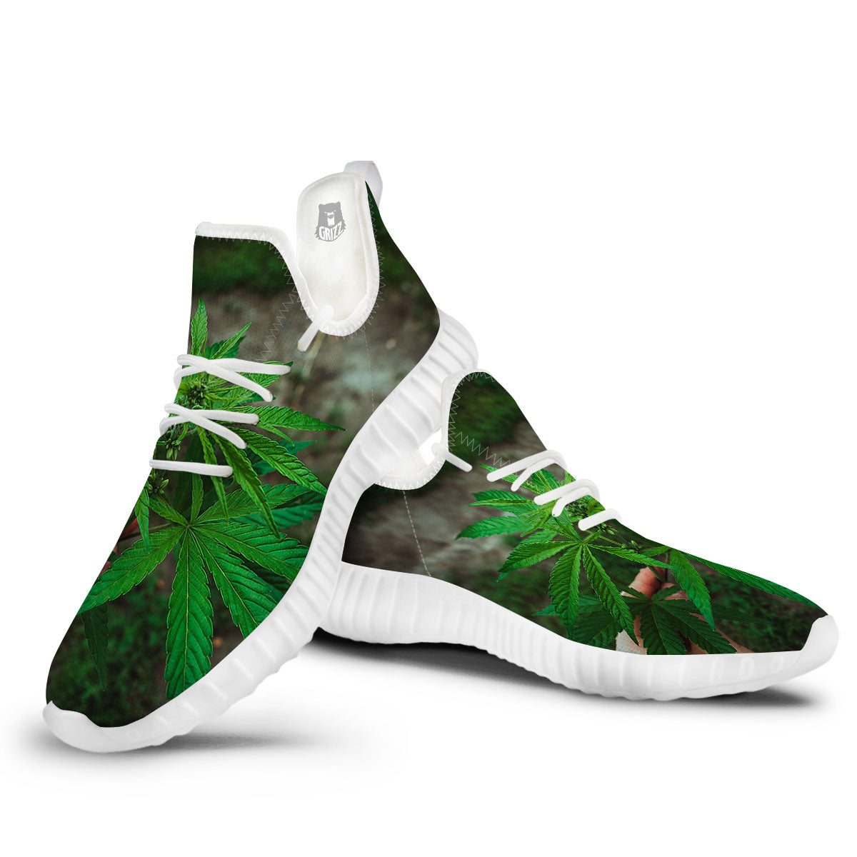 Cannabis Leaf Forest Green Print White Walking Shoes-grizzshop