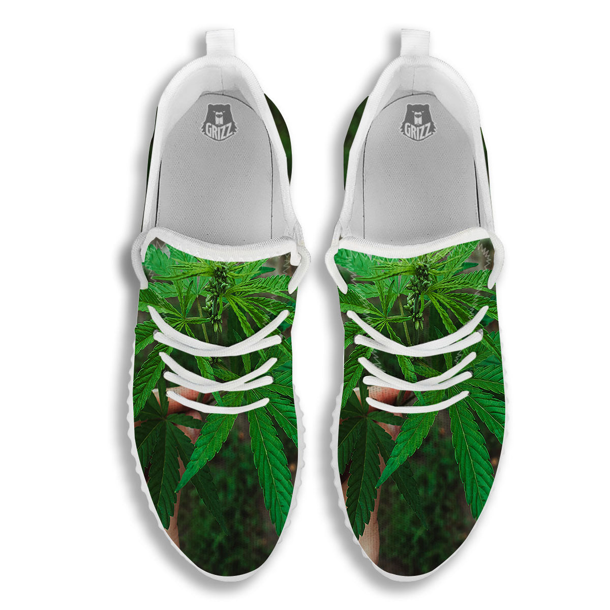 Cannabis Leaf Forest Green Print White Walking Shoes-grizzshop