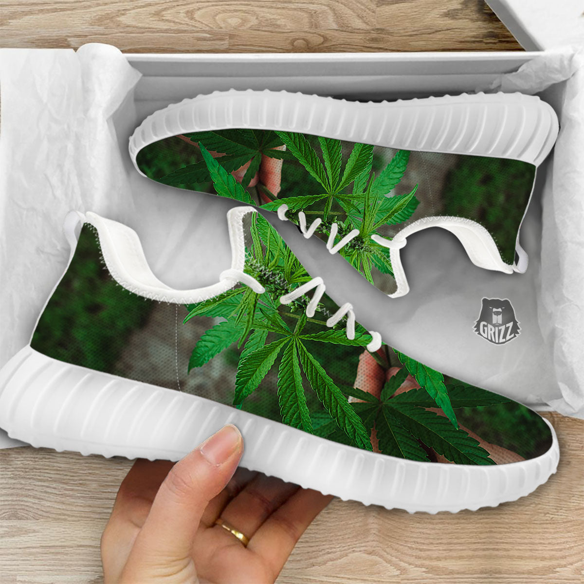Cannabis Leaf Forest Green Print White Walking Shoes-grizzshop