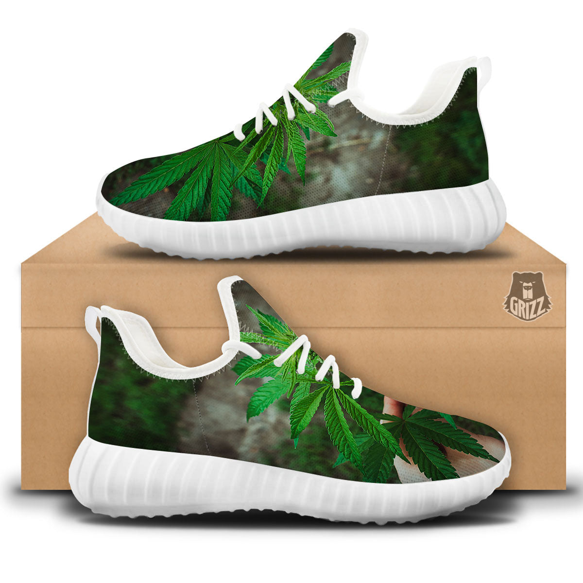 Cannabis Leaf Forest Green Print White Walking Shoes-grizzshop
