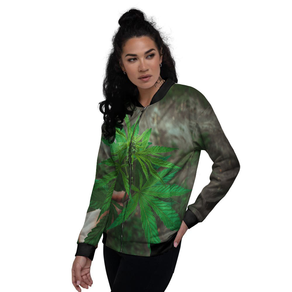 Cannabis Leaf Forest Green Print Women's Bomber Jacket-grizzshop