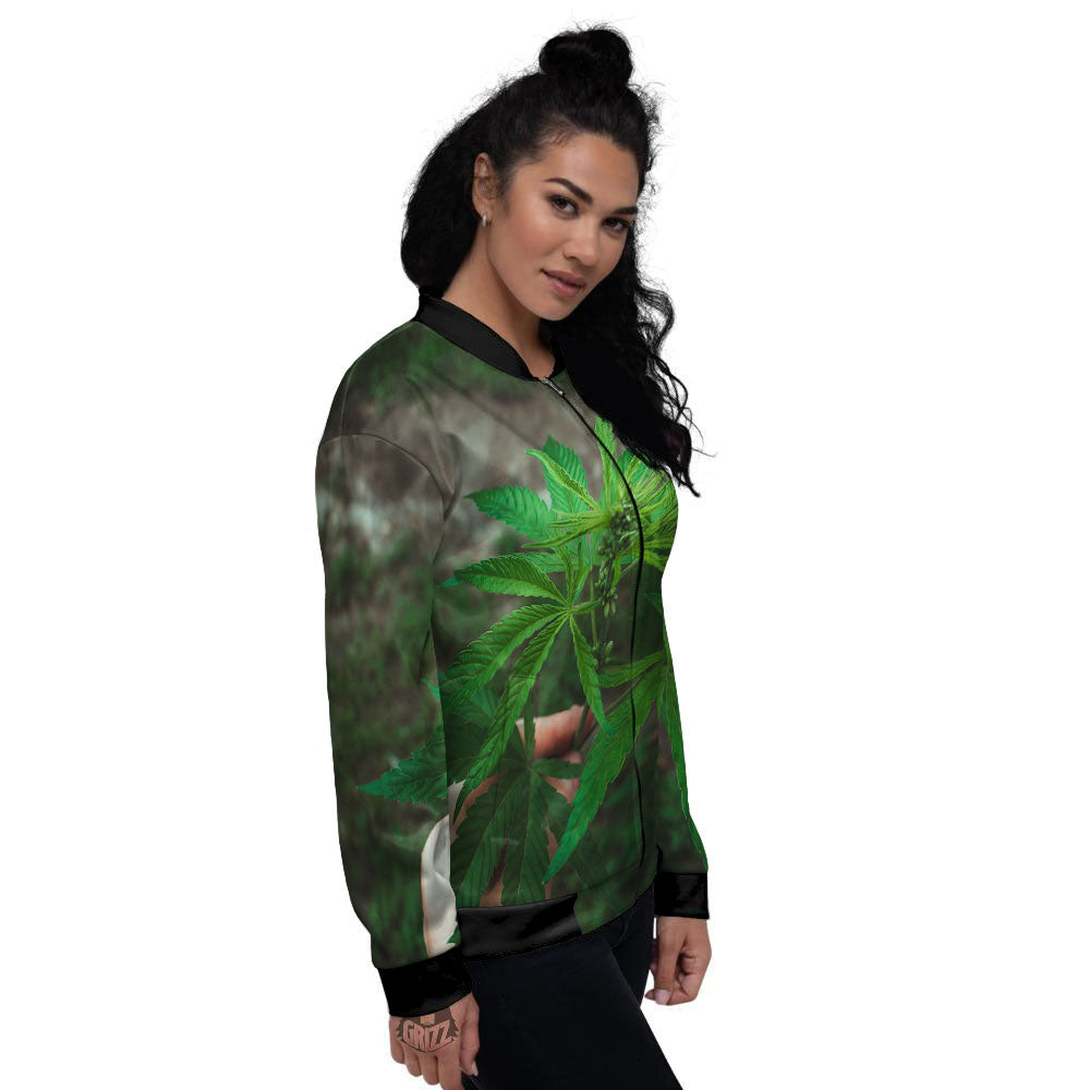 Cannabis Leaf Forest Green Print Women's Bomber Jacket-grizzshop