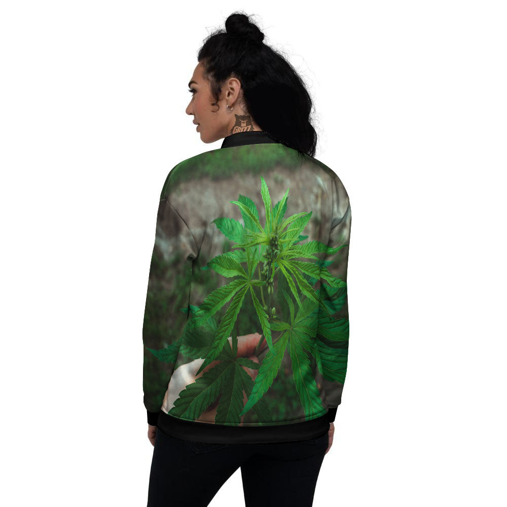 Cannabis Leaf Forest Green Print Women's Bomber Jacket-grizzshop