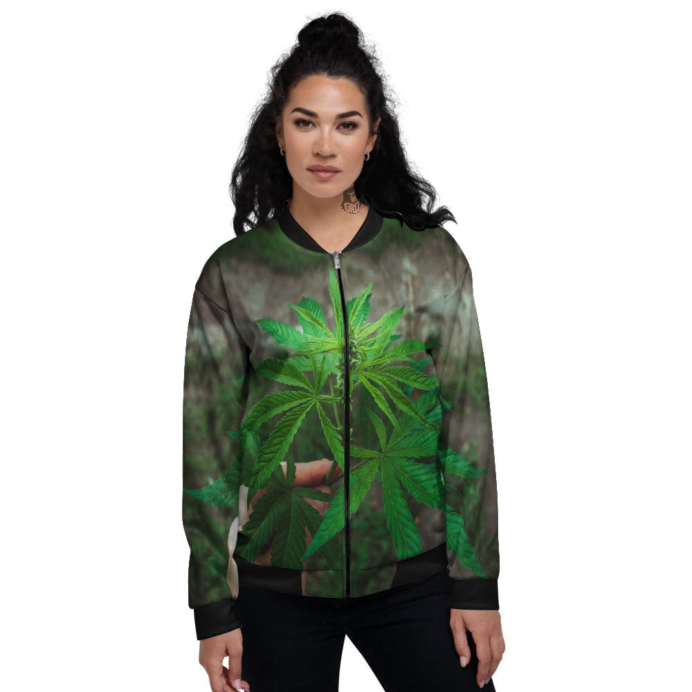 Cannabis Leaf Forest Green Print Women's Bomber Jacket-grizzshop