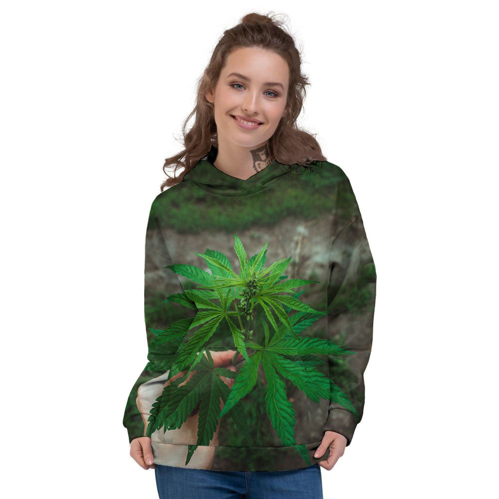 Cannabis Leaf Forest Green Print Women's Hoodie-grizzshop