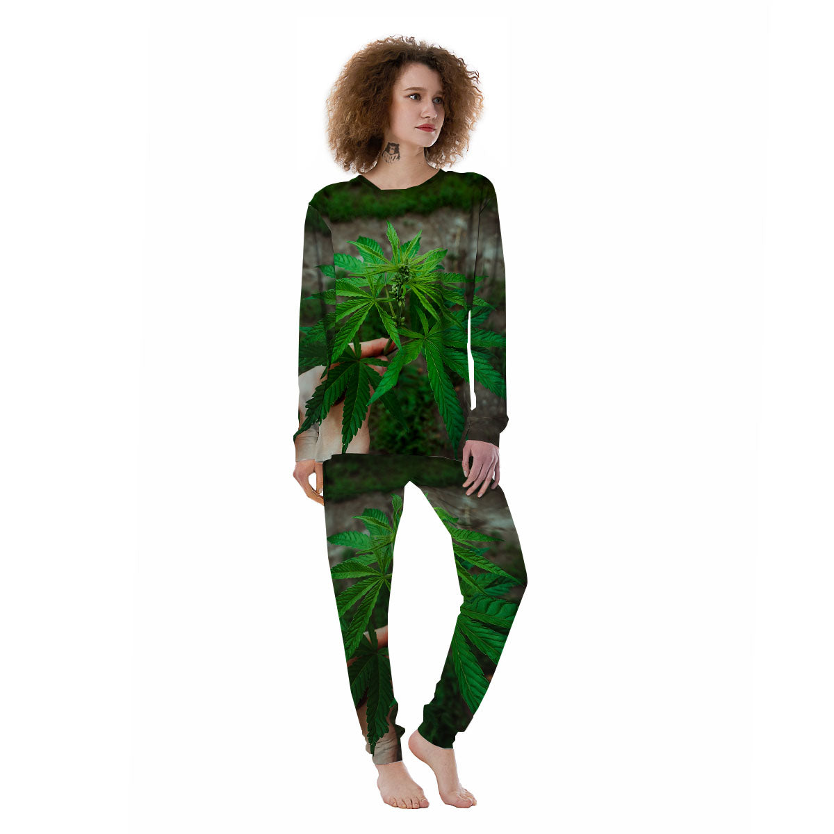 Cannabis Leaf Forest Green Print Women's Pajamas-grizzshop