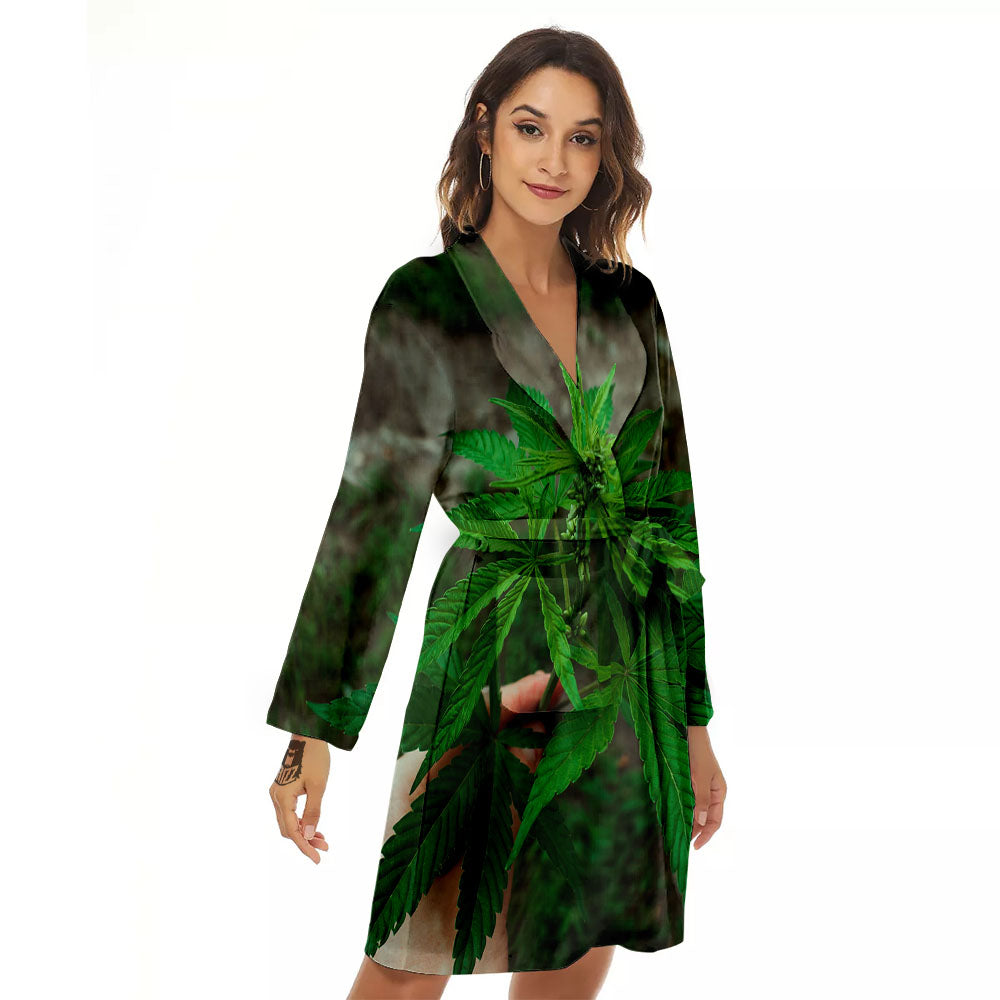 Cannabis Leaf Forest Green Print Women's Robe-grizzshop