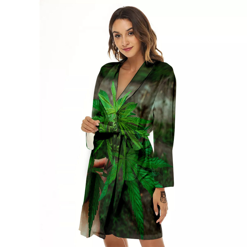 Cannabis Leaf Forest Green Print Women's Robe-grizzshop