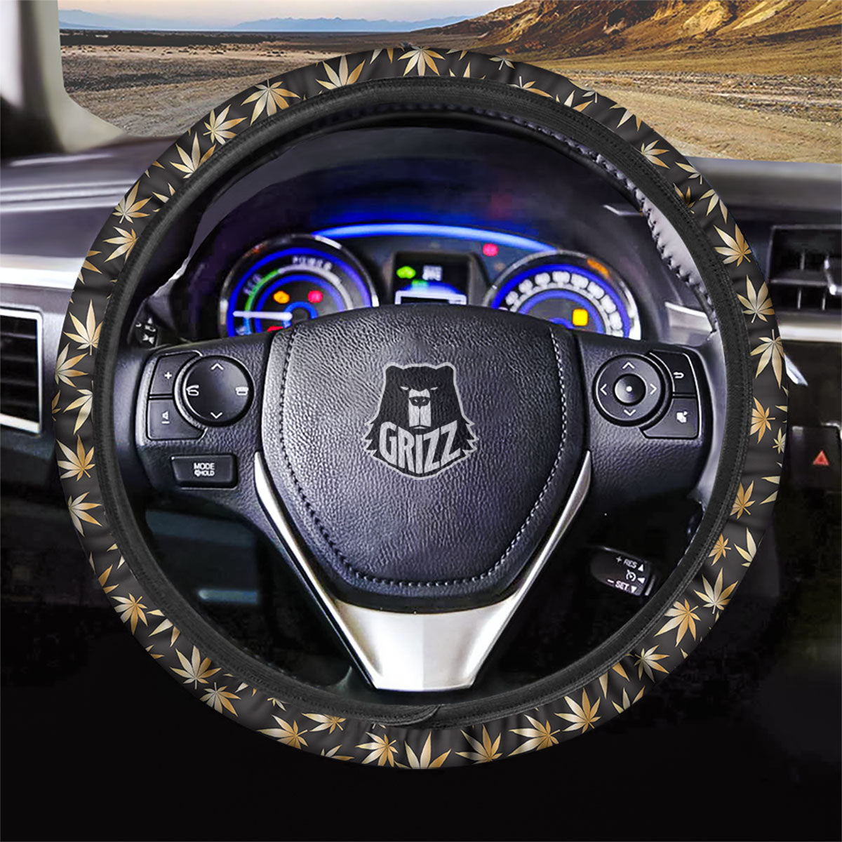 Cannabis Leaf Gold Print Pattern Car Steering Wheel Cover-grizzshop