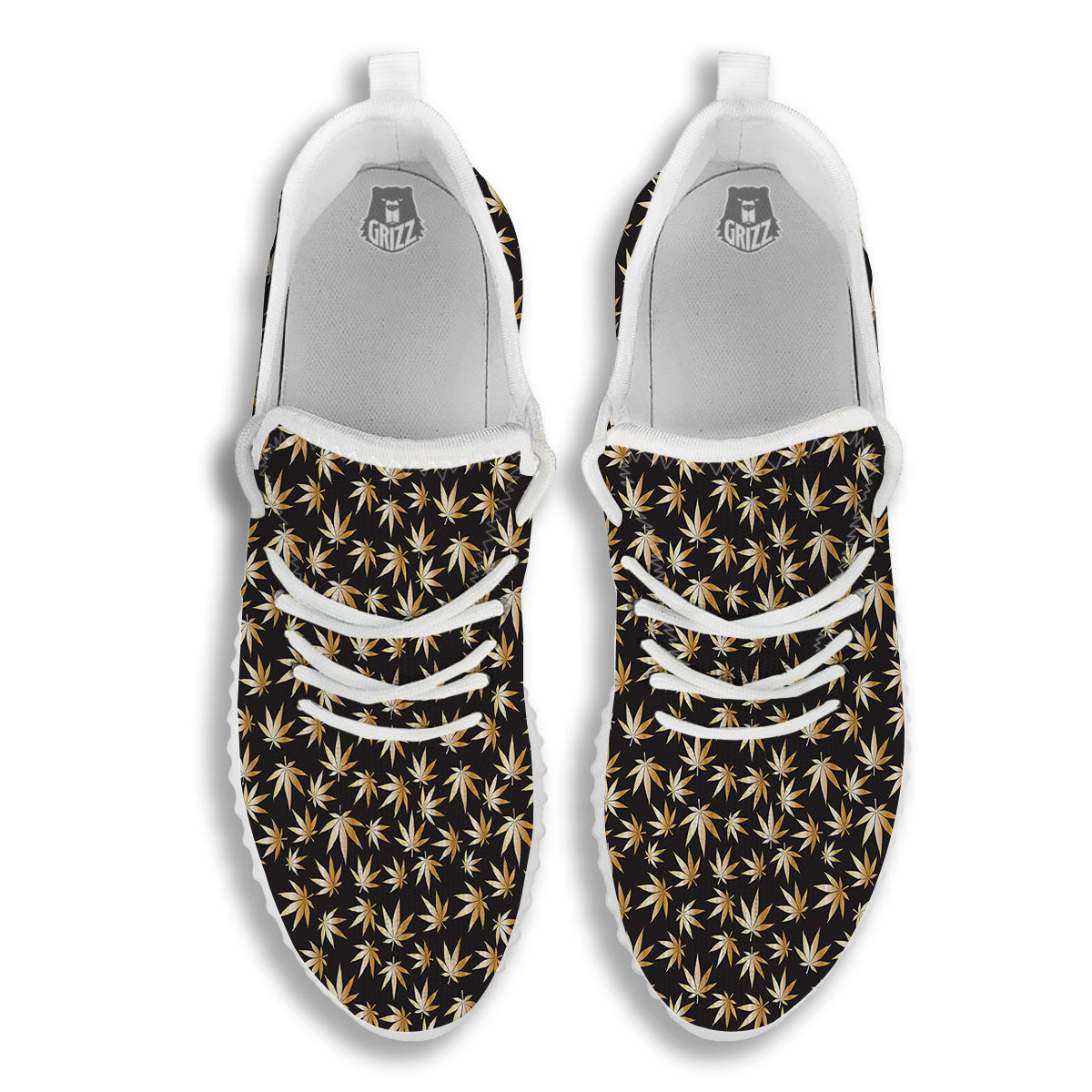 Cannabis Leaf Gold Print Pattern White Walking Shoes-grizzshop