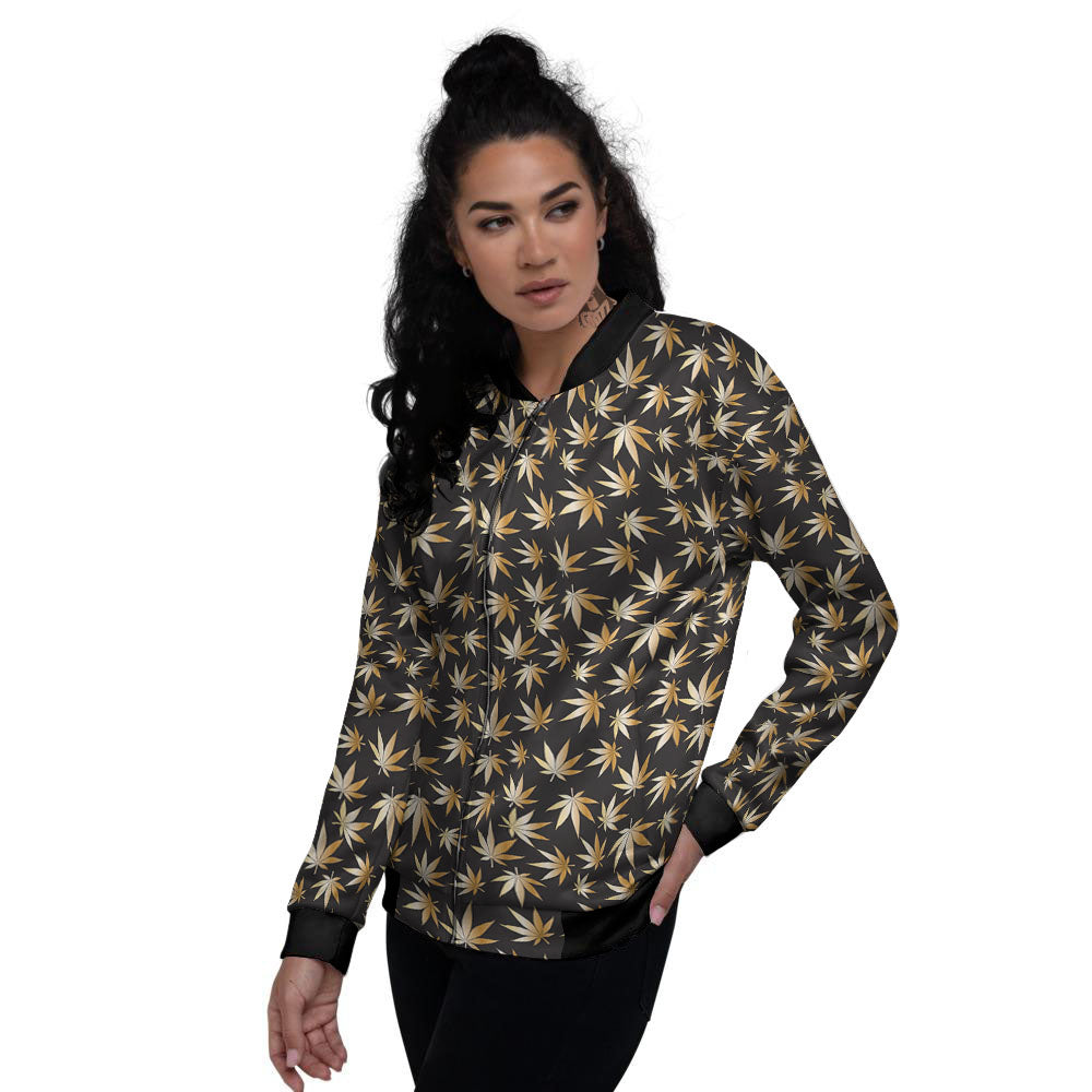 Cannabis Leaf Gold Print Pattern Women's Bomber Jacket-grizzshop