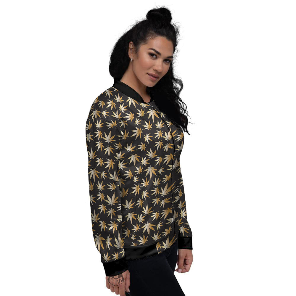 Cannabis Leaf Gold Print Pattern Women's Bomber Jacket-grizzshop