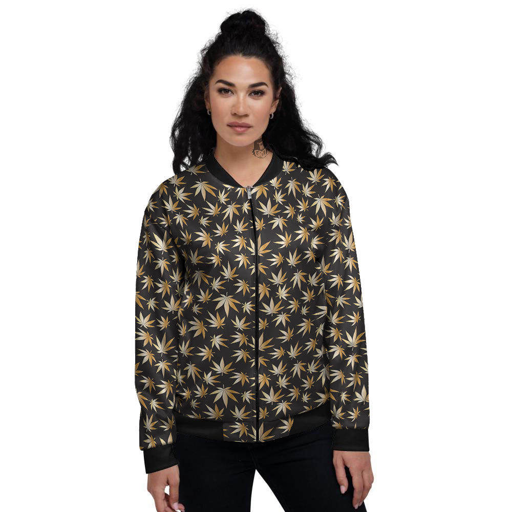 Cannabis Leaf Gold Print Pattern Women's Bomber Jacket-grizzshop