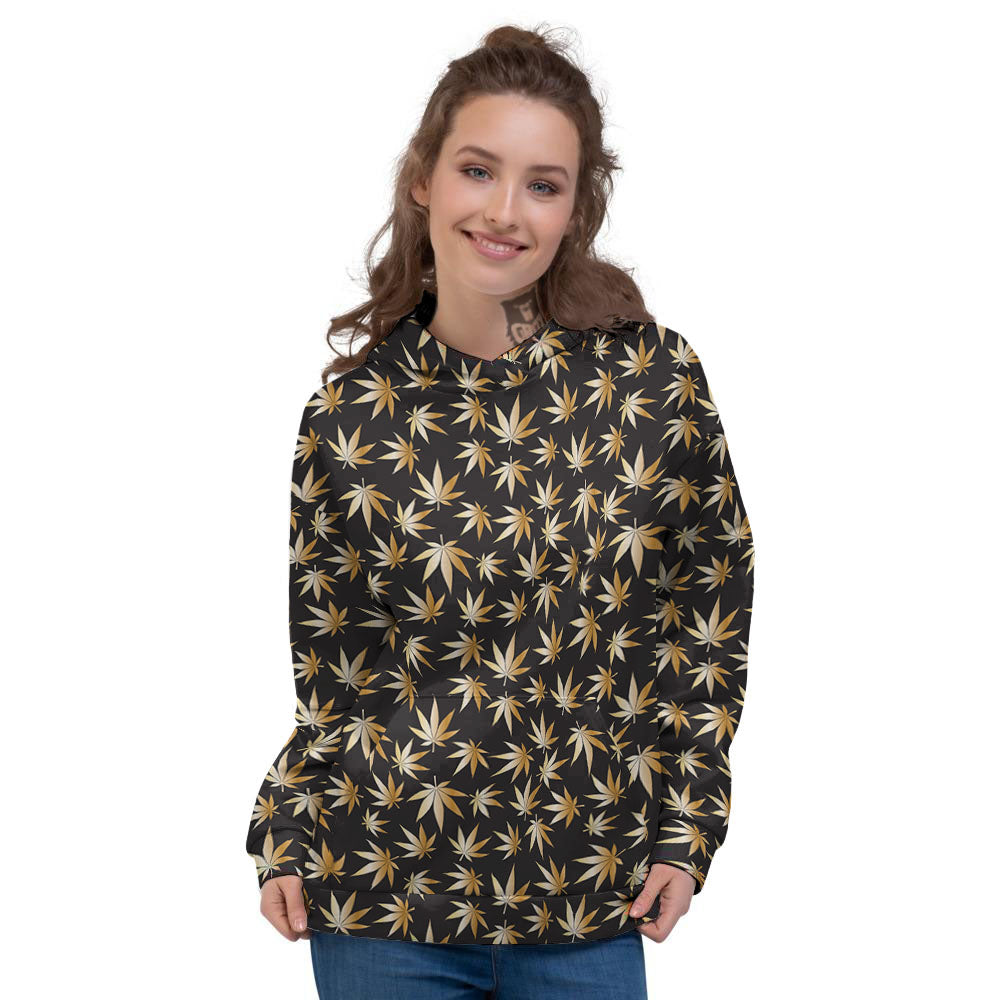 Cannabis Leaf Gold Print Pattern Women's Hoodie-grizzshop