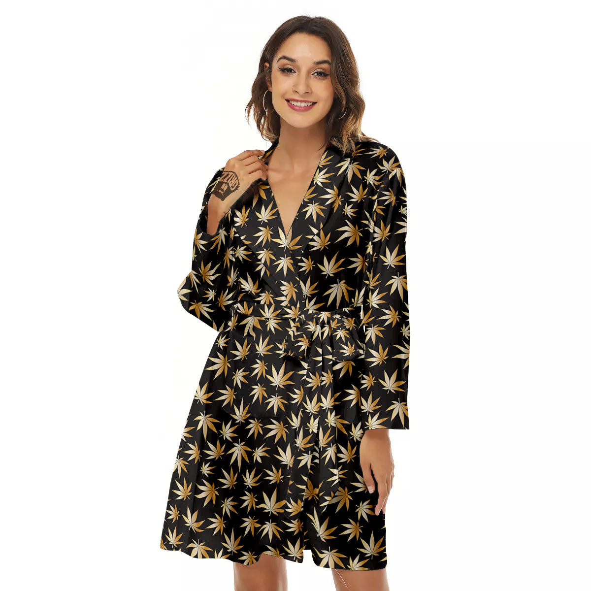 Cannabis Leaf Gold Print Pattern Women's Robe-grizzshop