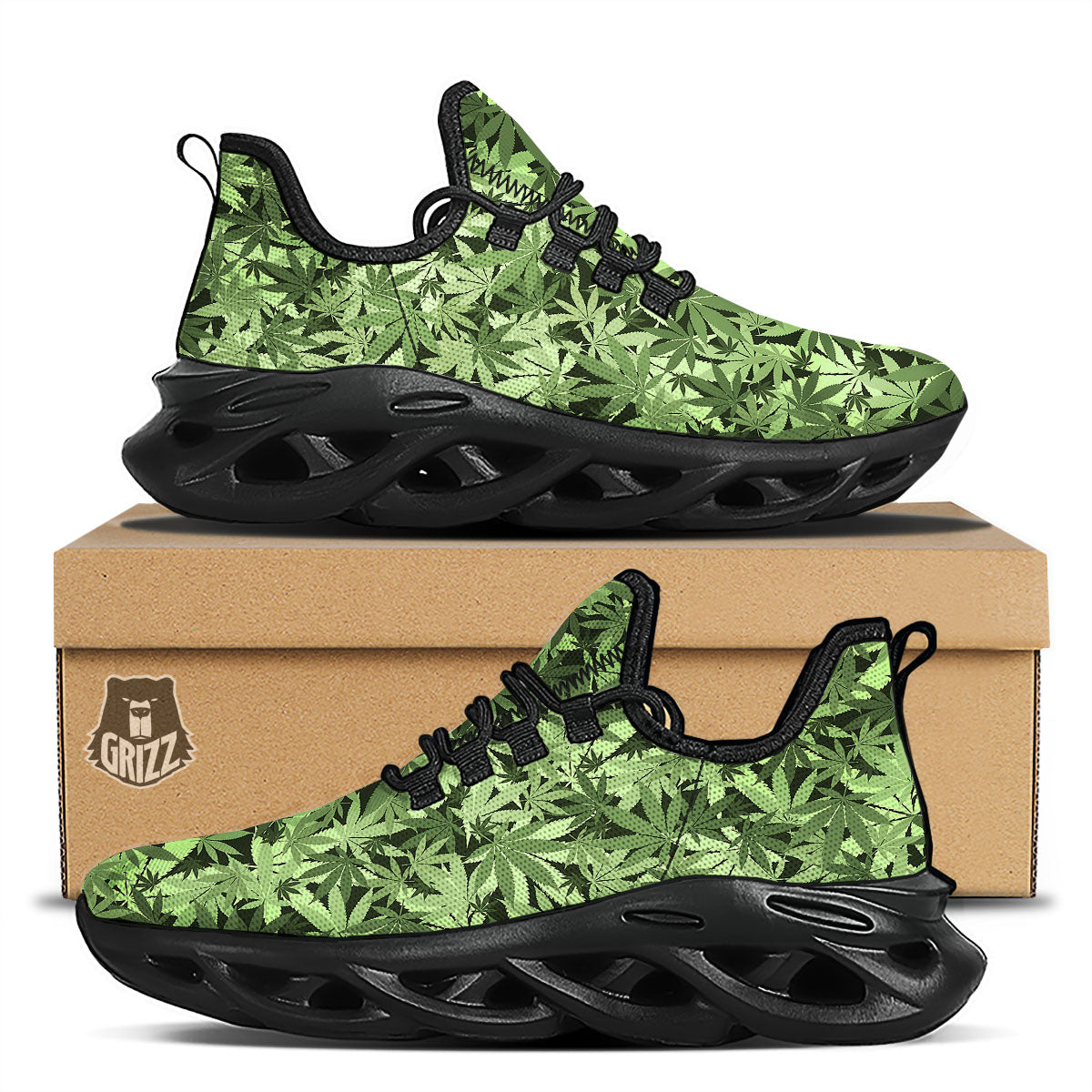 Cannabis Leaf Green Print Pattern Black Running Shoes-grizzshop