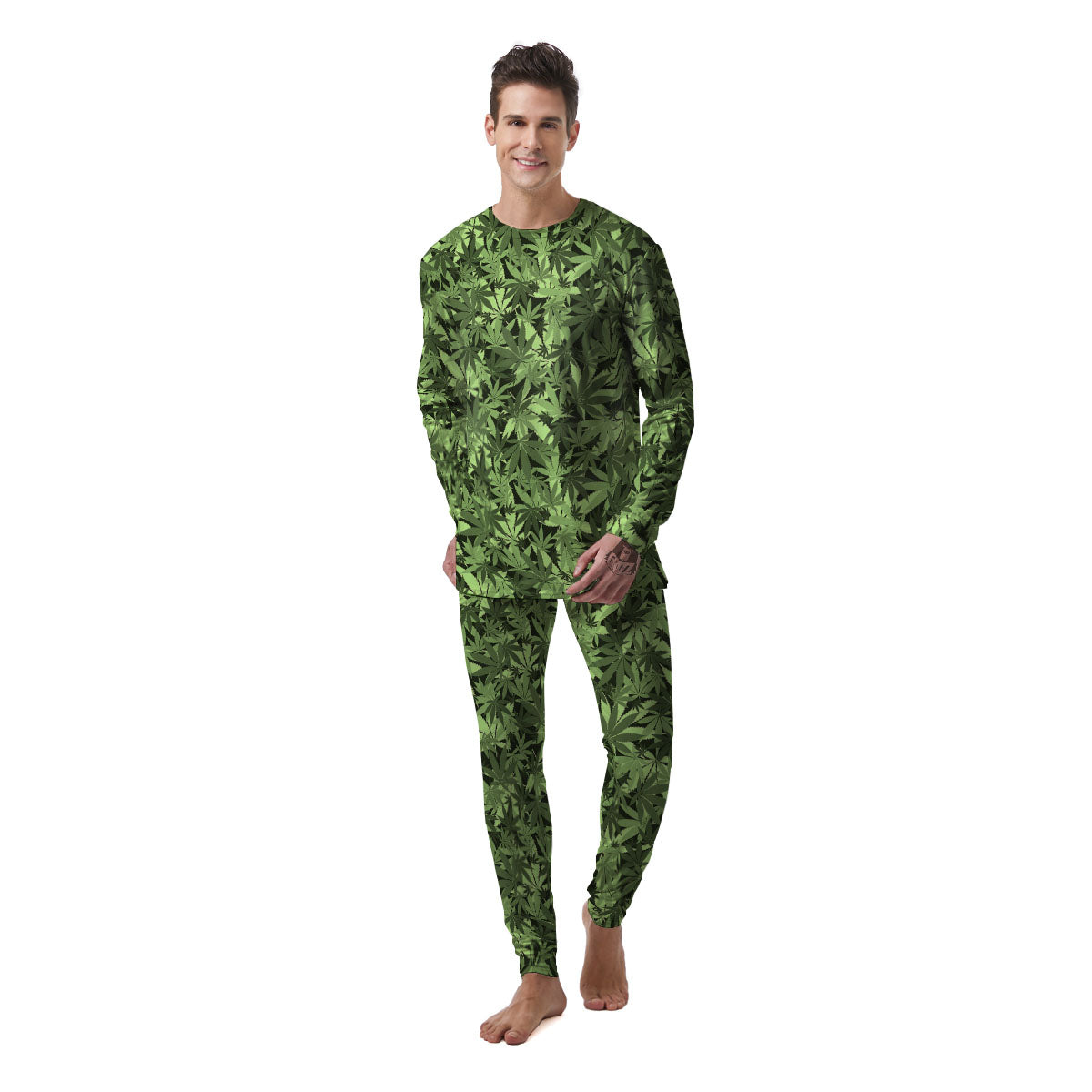 Cannabis Leaf Green Print Pattern Men's Pajamas-grizzshop