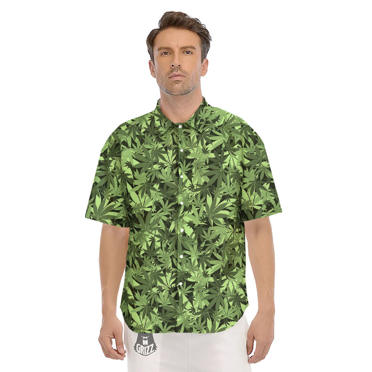 Cannabis Leaf Green Print Pattern Men's Short Sleeve Shirts-grizzshop