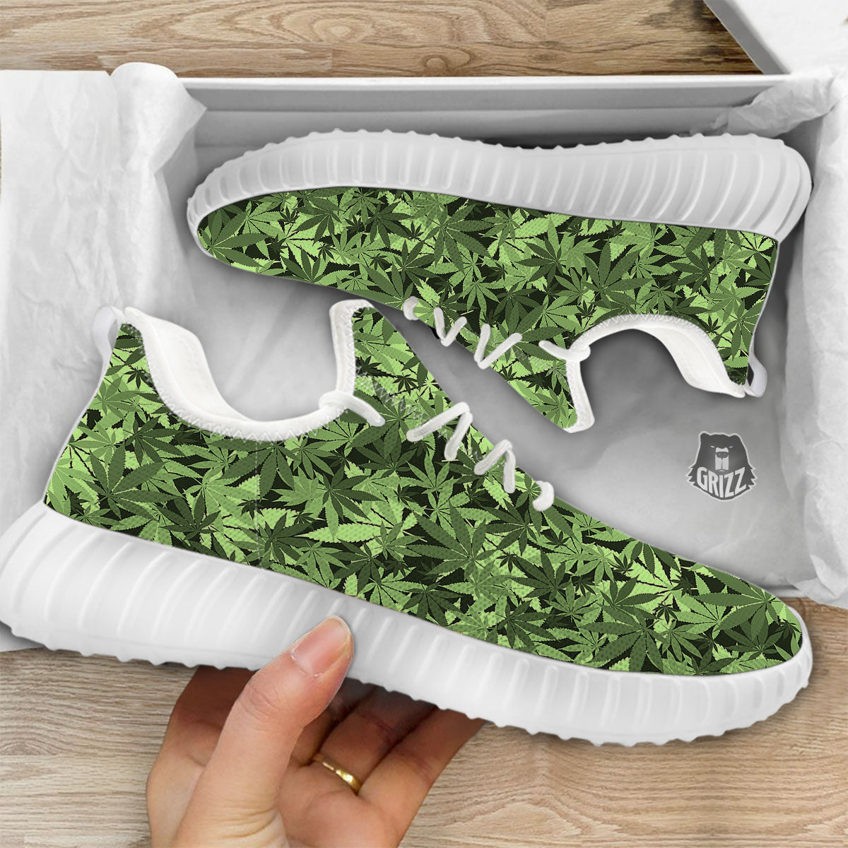 Cannabis Leaf Green Print Pattern White Walking Shoes-grizzshop