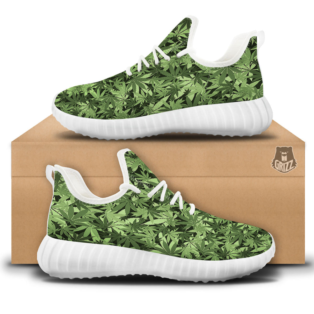 Cannabis Leaf Green Print Pattern White Walking Shoes-grizzshop