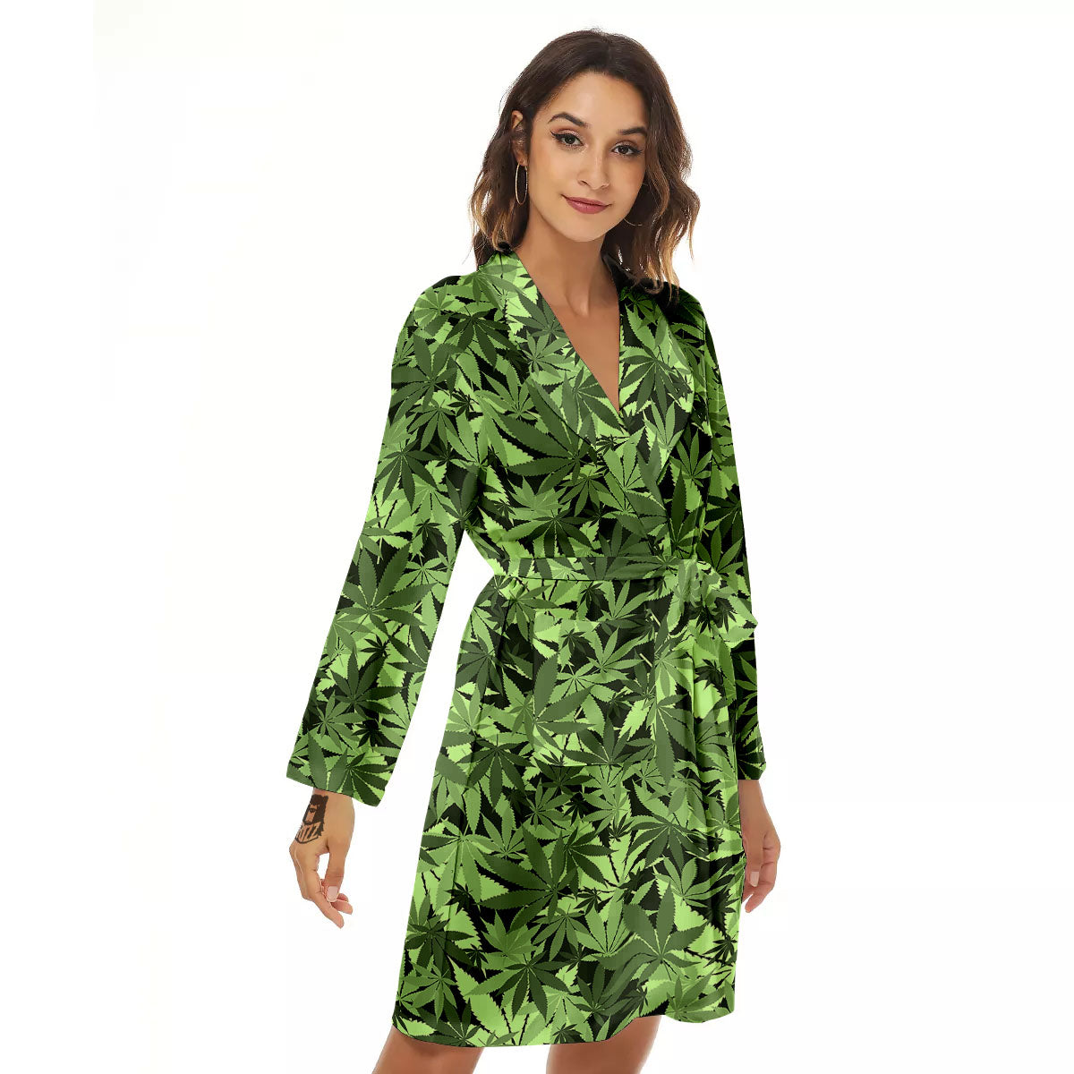 Cannabis Leaf Green Print Pattern Women's Robe-grizzshop