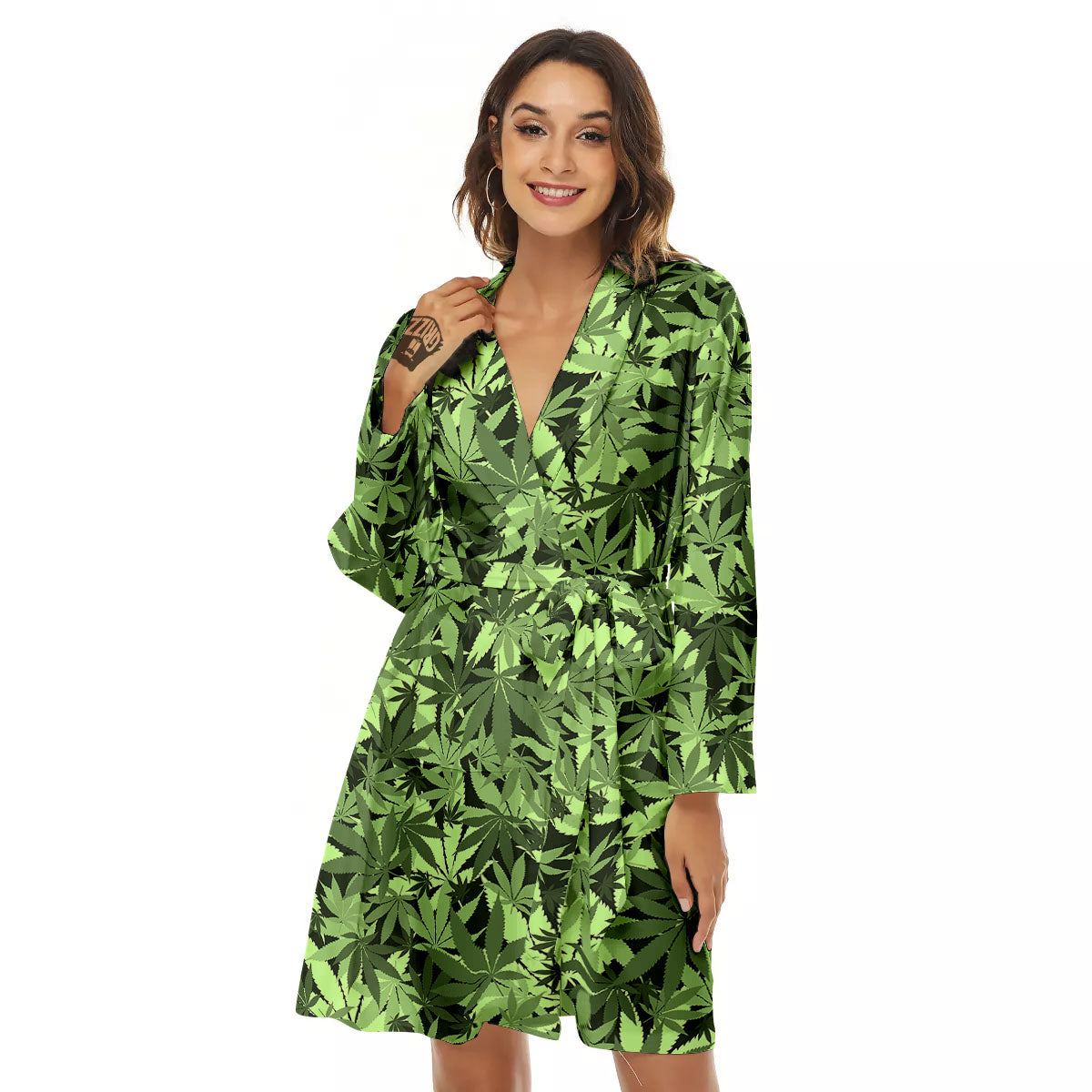 Cannabis Leaf Green Print Pattern Women's Robe-grizzshop