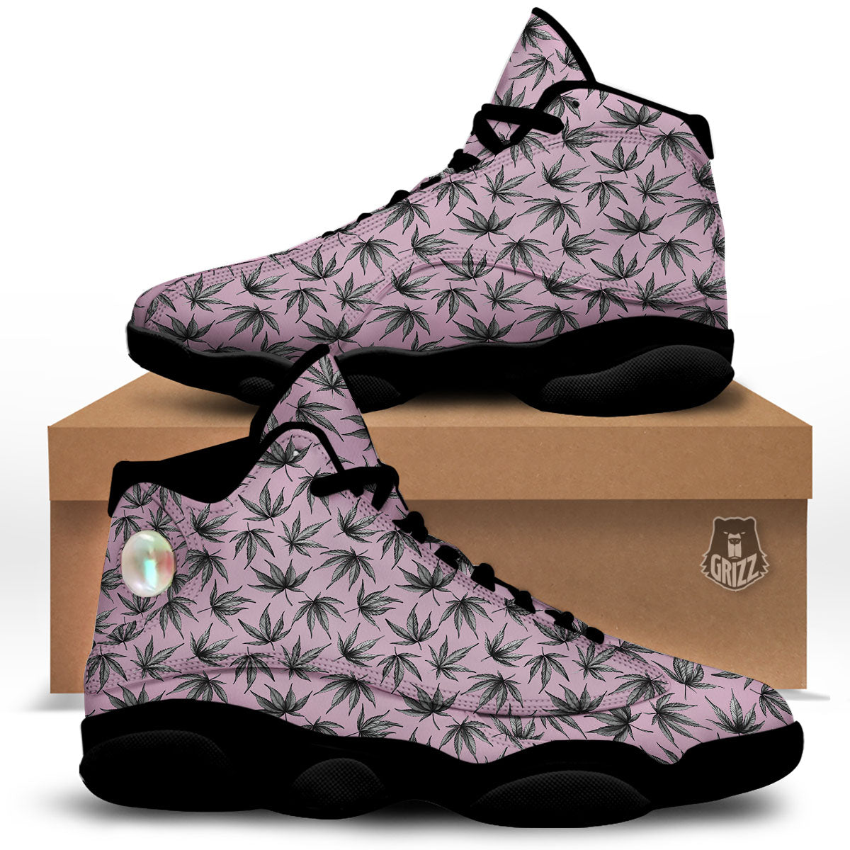 Cannabis Leaf Pink And Green Print Black Basketball Shoes-grizzshop
