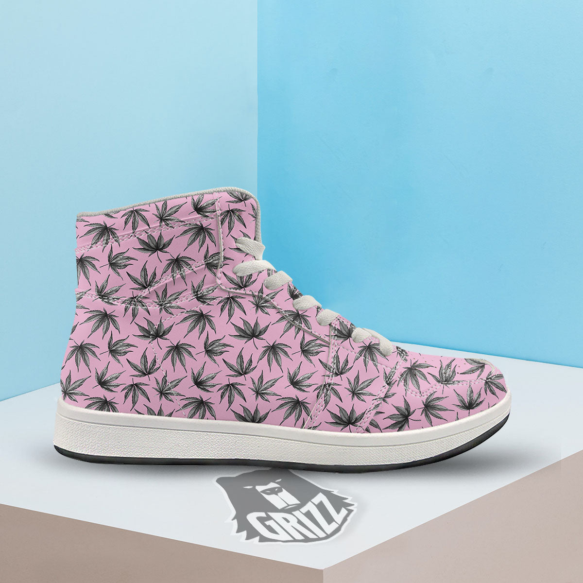 Cannabis Leaf Pink And Green Print High Top Sneakers-grizzshop
