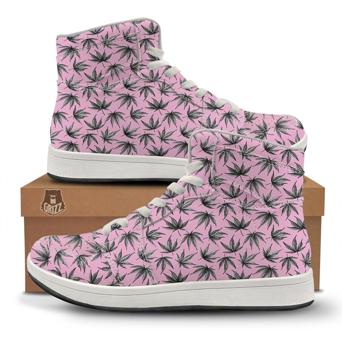 Cannabis Leaf Pink And Green Print High Top Sneakers-grizzshop