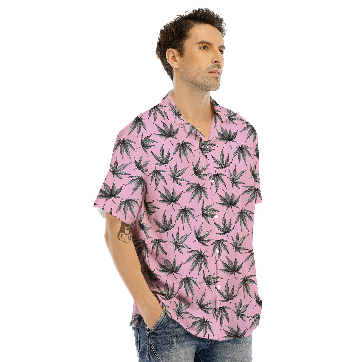 Cannabis Leaf Pink And Green Print Men's Hawaiian Shirt-grizzshop