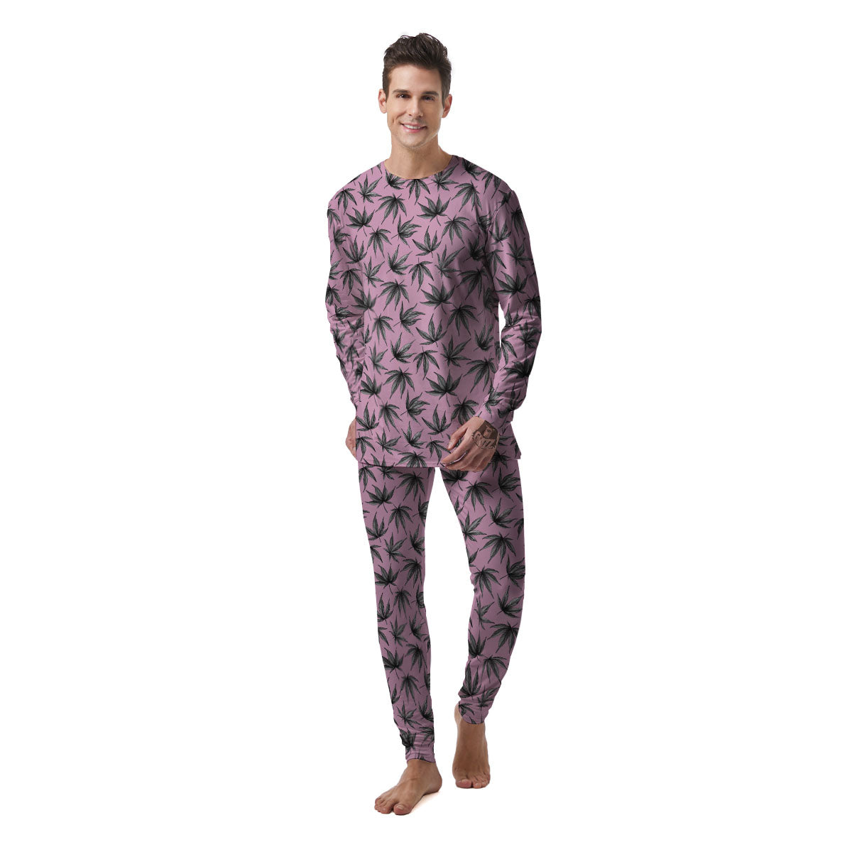 Cannabis Leaf Pink And Green Print Men's Pajamas-grizzshop
