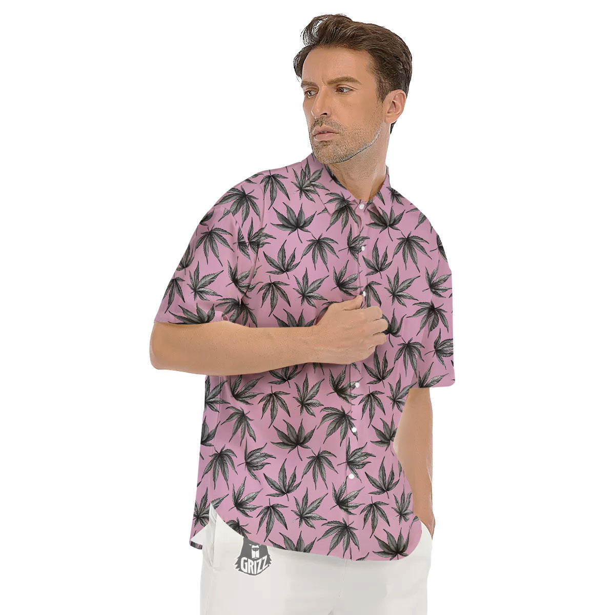 Cannabis Leaf Pink And Green Print Men's Short Sleeve Shirts-grizzshop