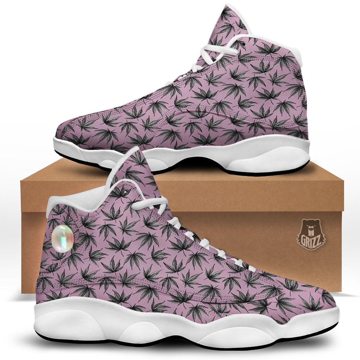 Cannabis Leaf Pink And Green Print White Basketball Shoes-grizzshop