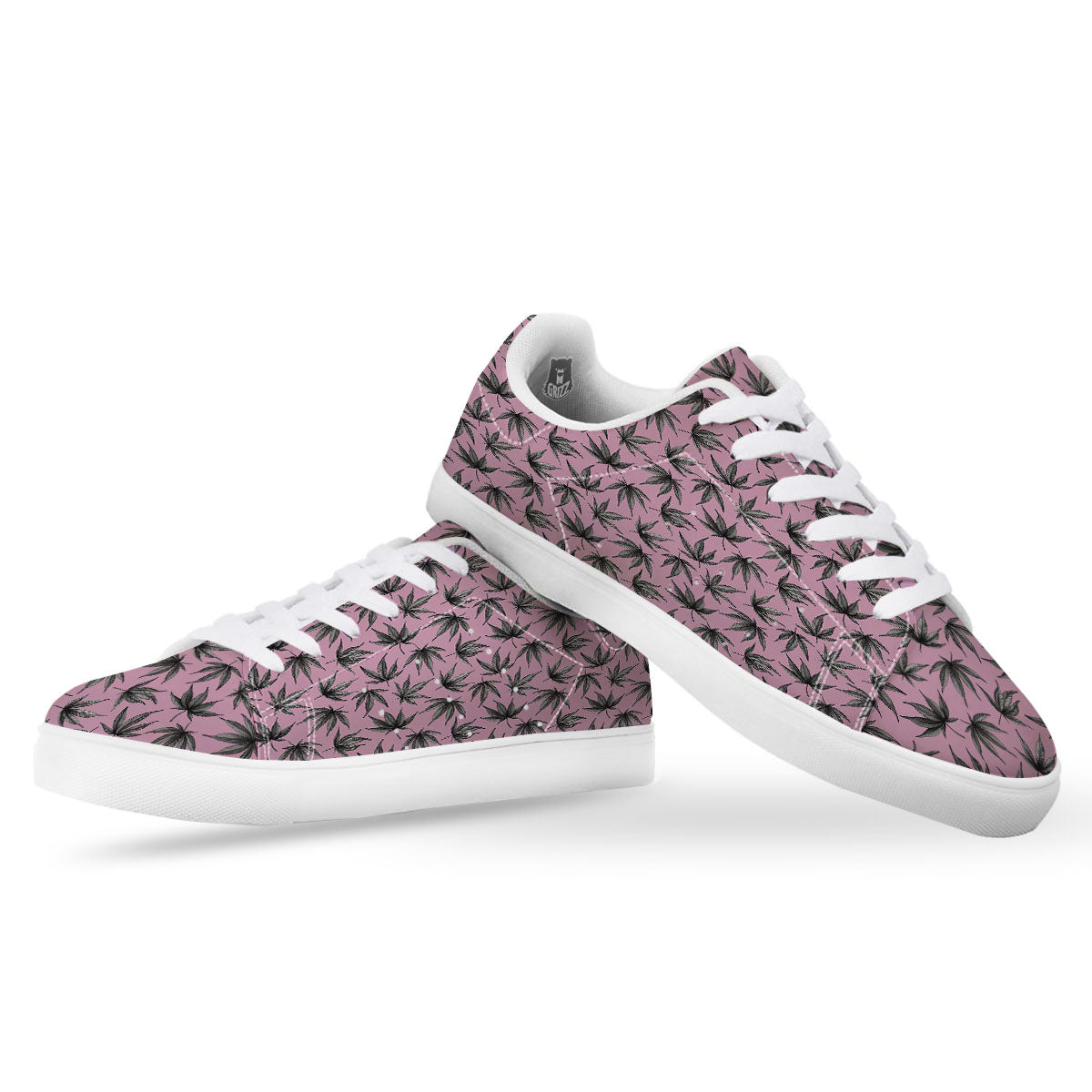 Cannabis Leaf Pink And Green Print White Low Top Sneakers-grizzshop
