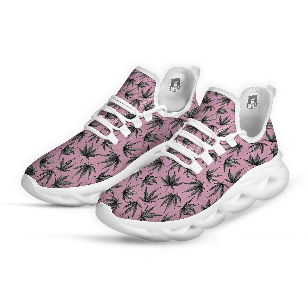 Cannabis Leaf Pink And Green Print White Running Shoes-grizzshop