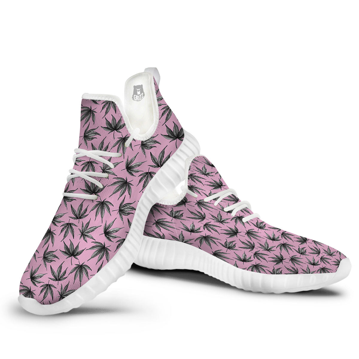 Cannabis Leaf Pink And Green Print White Walking Shoes-grizzshop