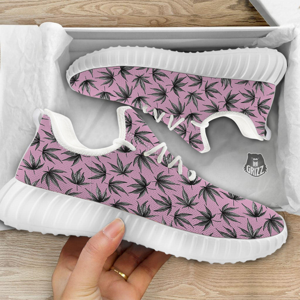 Cannabis Leaf Pink And Green Print White Walking Shoes-grizzshop