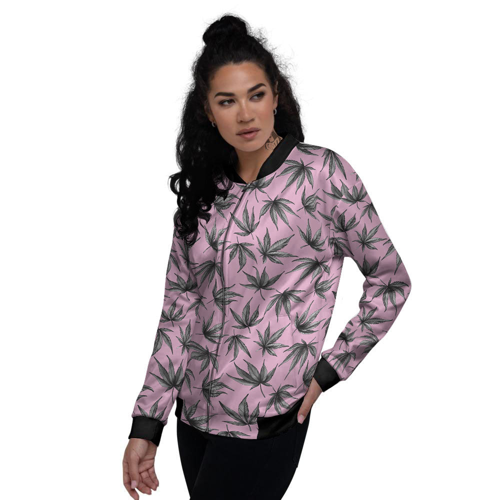 Cannabis Leaf Pink And Green Print Women's Bomber Jacket-grizzshop