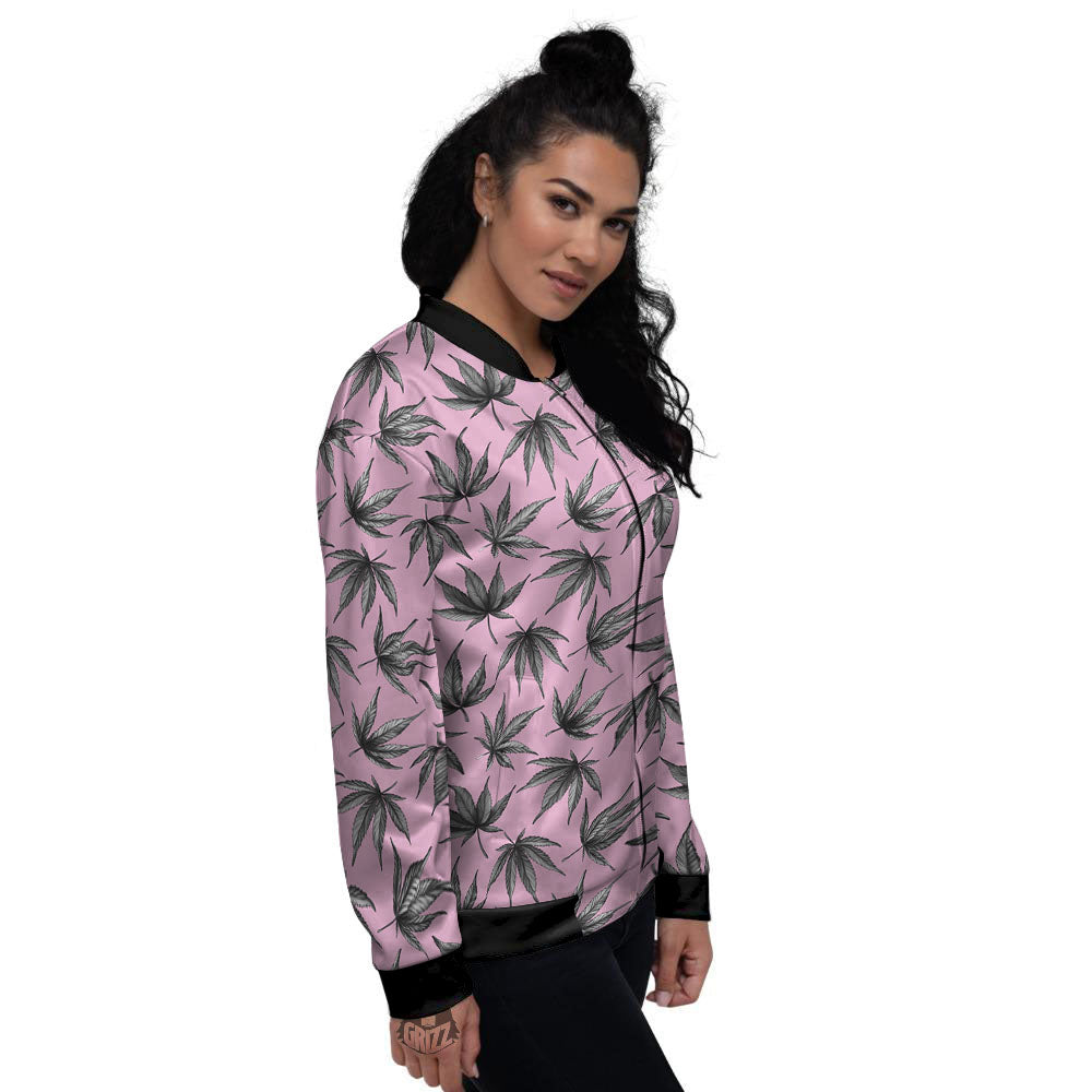 Cannabis Leaf Pink And Green Print Women's Bomber Jacket-grizzshop
