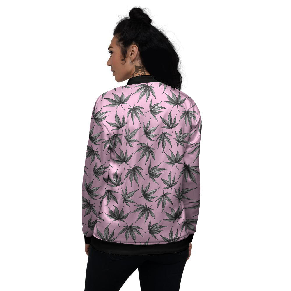Cannabis Leaf Pink And Green Print Women's Bomber Jacket-grizzshop