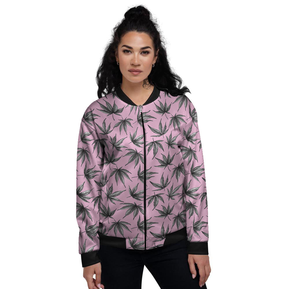 Cannabis Leaf Pink And Green Print Women's Bomber Jacket-grizzshop