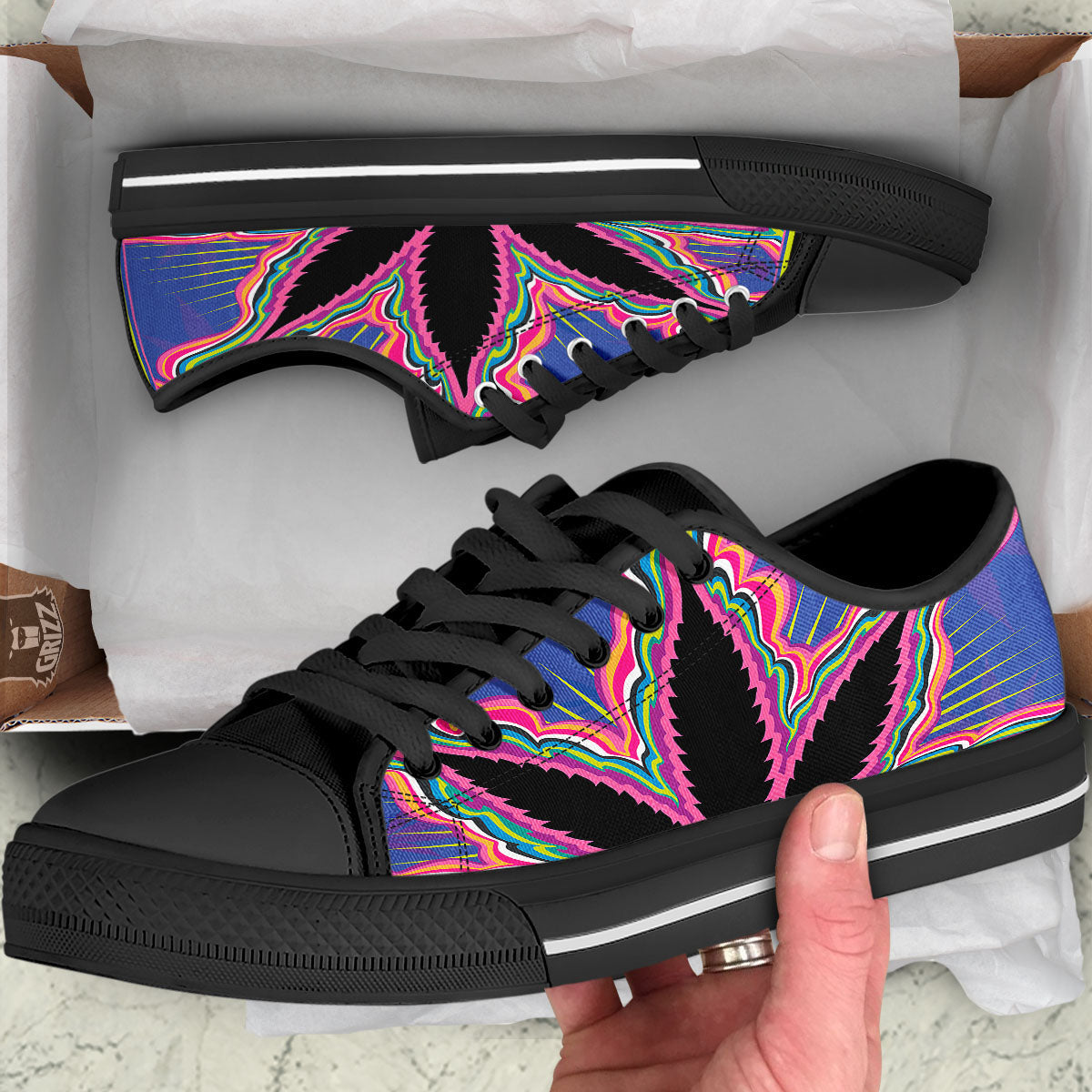 Cannabis Leaf Psychedelic Print Black Low Top Shoes-grizzshop