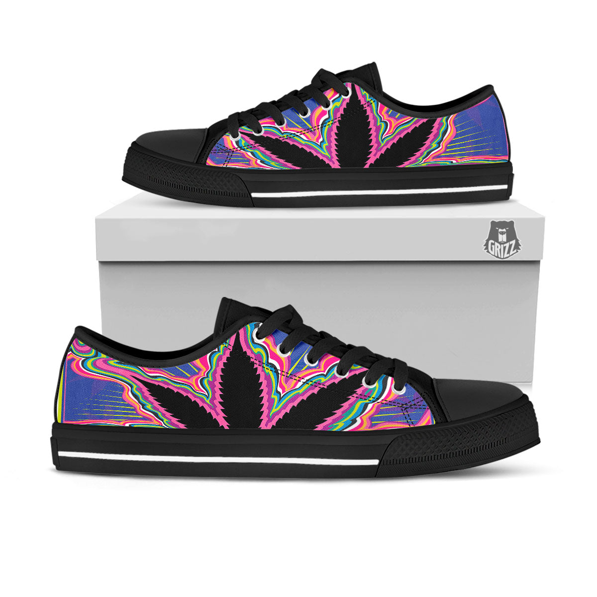 Cannabis Leaf Psychedelic Print Black Low Top Shoes-grizzshop