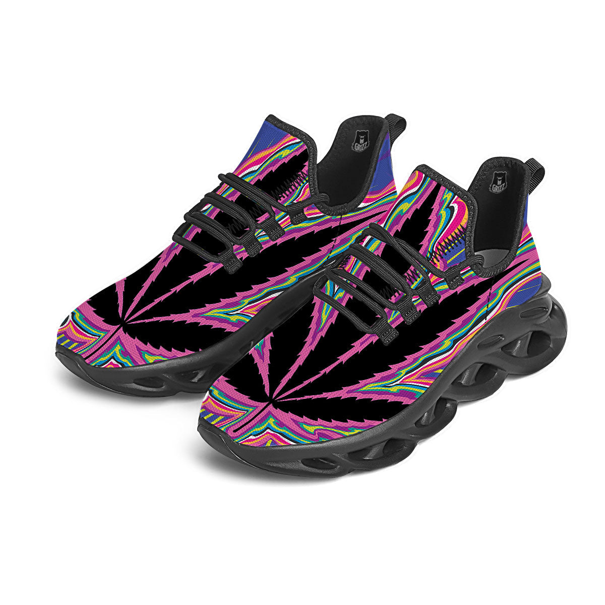 Cannabis Leaf Psychedelic Print Black Running Shoes-grizzshop