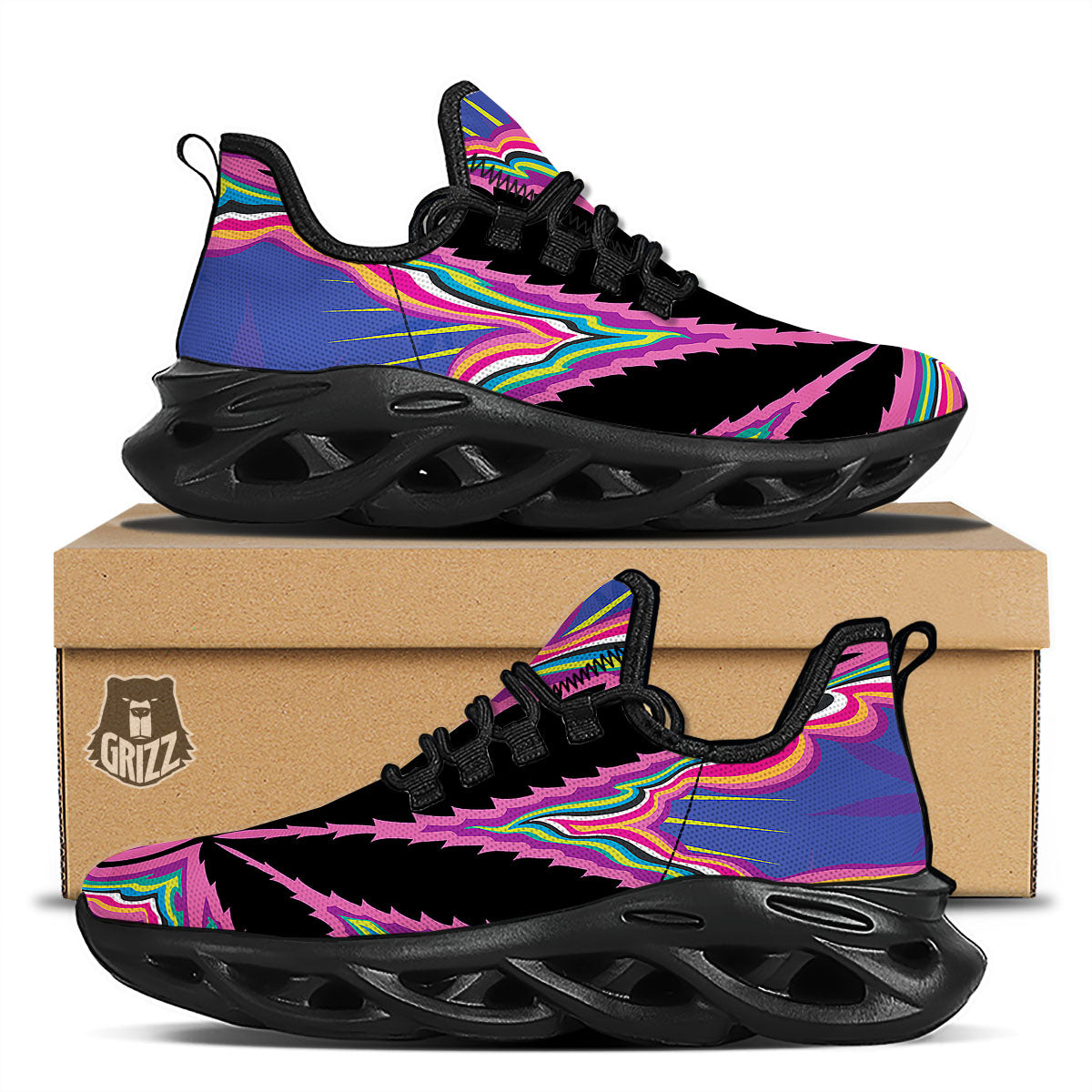 Cannabis Leaf Psychedelic Print Black Running Shoes-grizzshop