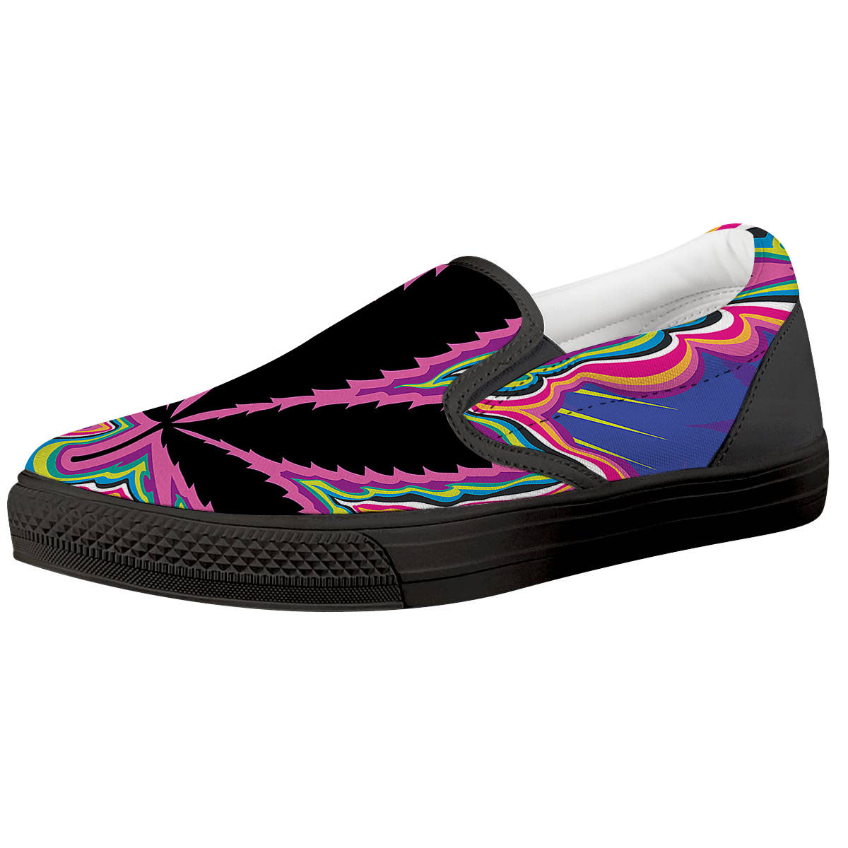 Cannabis Leaf Psychedelic Print Black Slip On Shoes-grizzshop