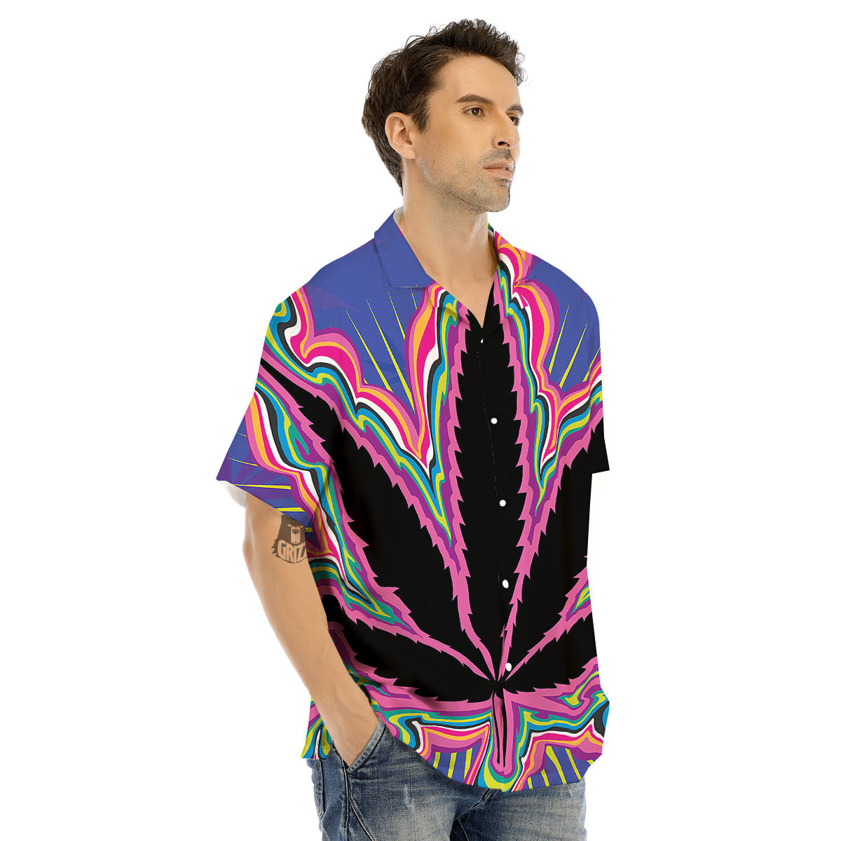 Cannabis Leaf Psychedelic Print Men's Hawaiian Shirt-grizzshop